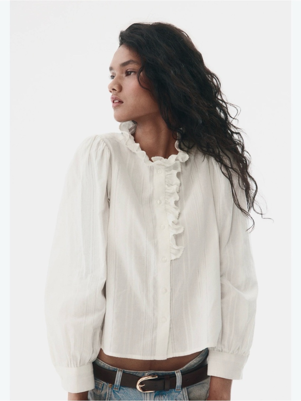 Women's White Ruffle-Trim Button Front Blouse